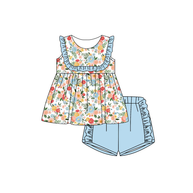 Baby Girls Sleeveless Colorful Flowers Tunic Ruffle Short Clothes Sets Preorder
