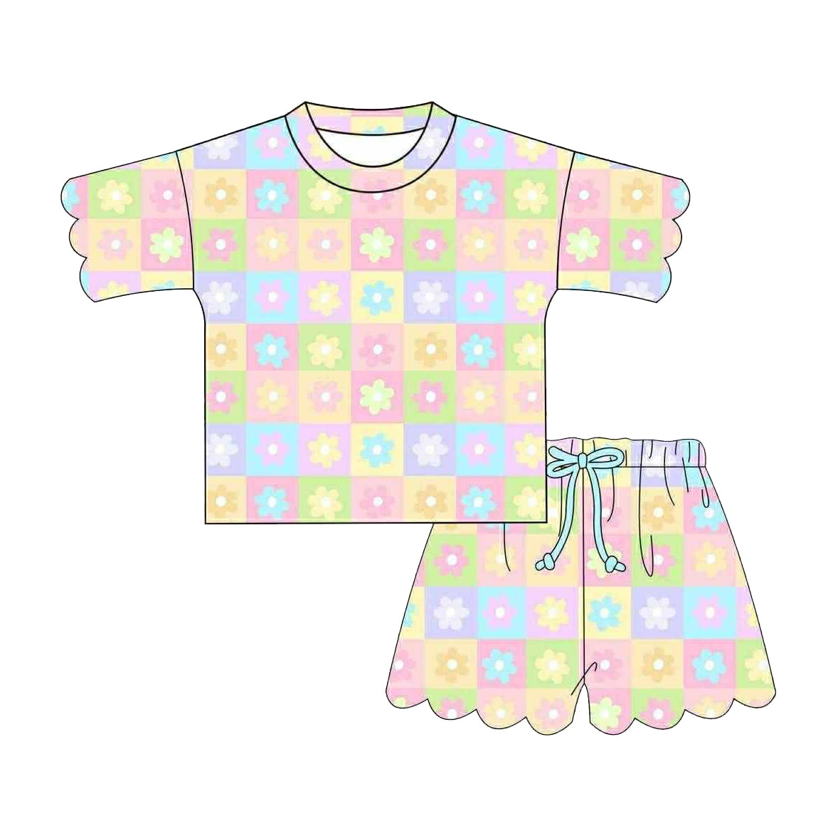Baby Girls Scallop Colorful Flowers Checked Top Short Clothes Sets Preorder