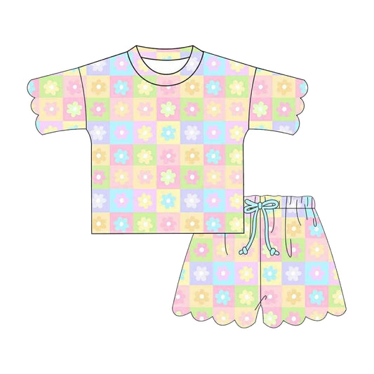 Baby Girls Scallop Colorful Flowers Checked Top Short Clothes Sets Preorder