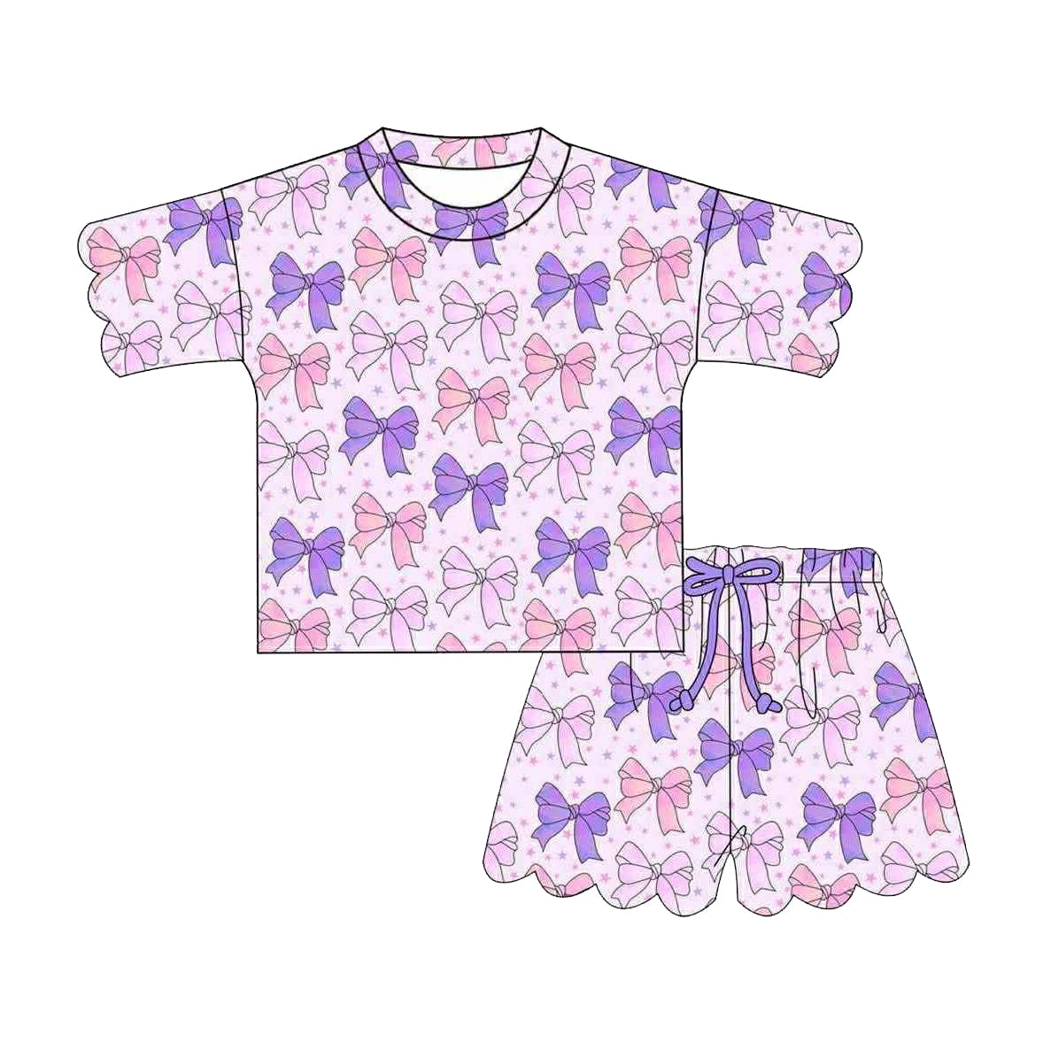 Baby Girls Scallop Pink Purple Bows Top Short Clothes Sets Preorder