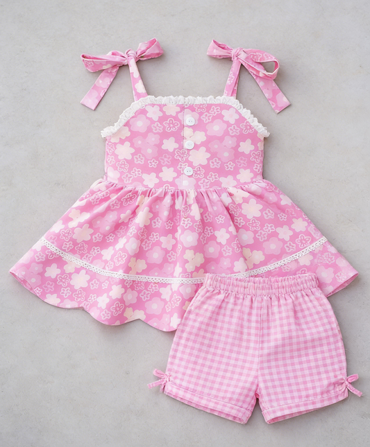 Baby Girls Strap Pink Flowers Tunic Checked Short Clothes Sets Preorder