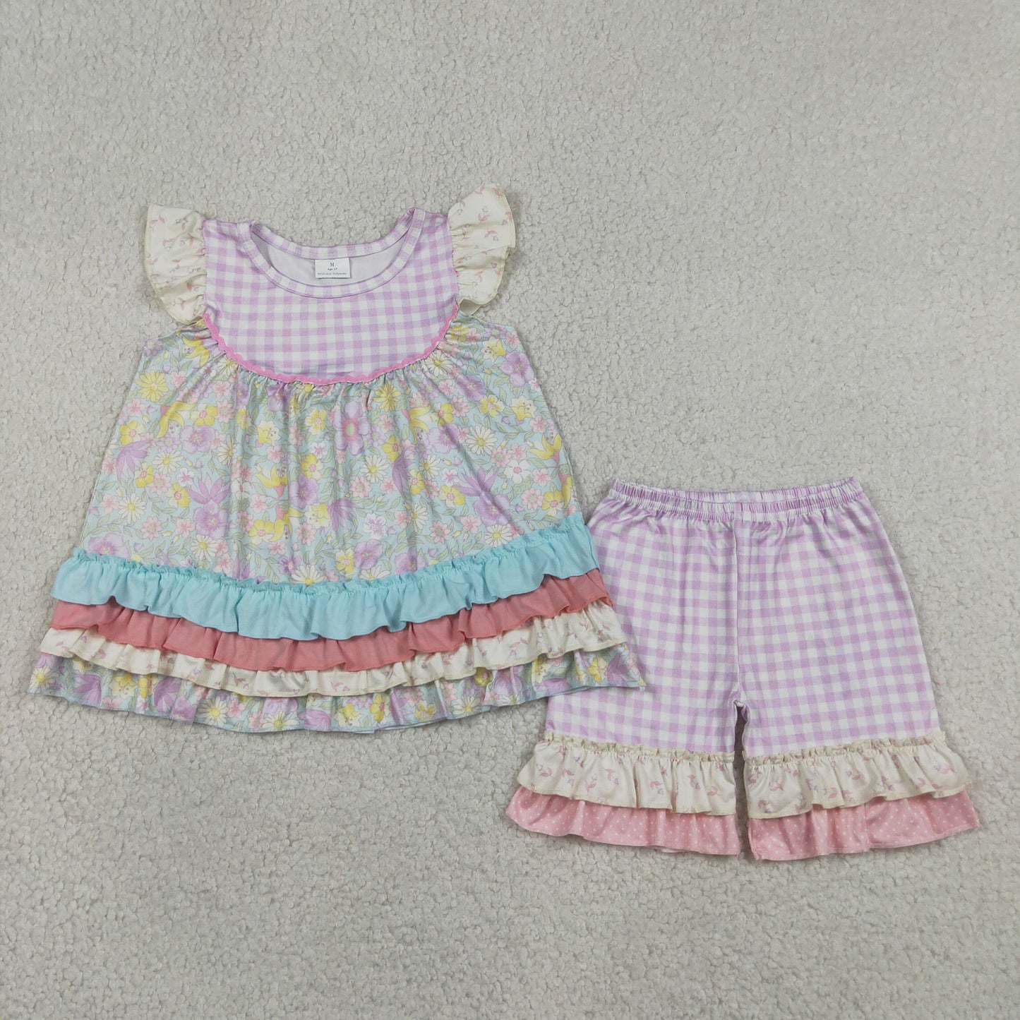 Baby Girls Colorful Flowers Patchwork Tunic Ruffle Short Clothes Sets