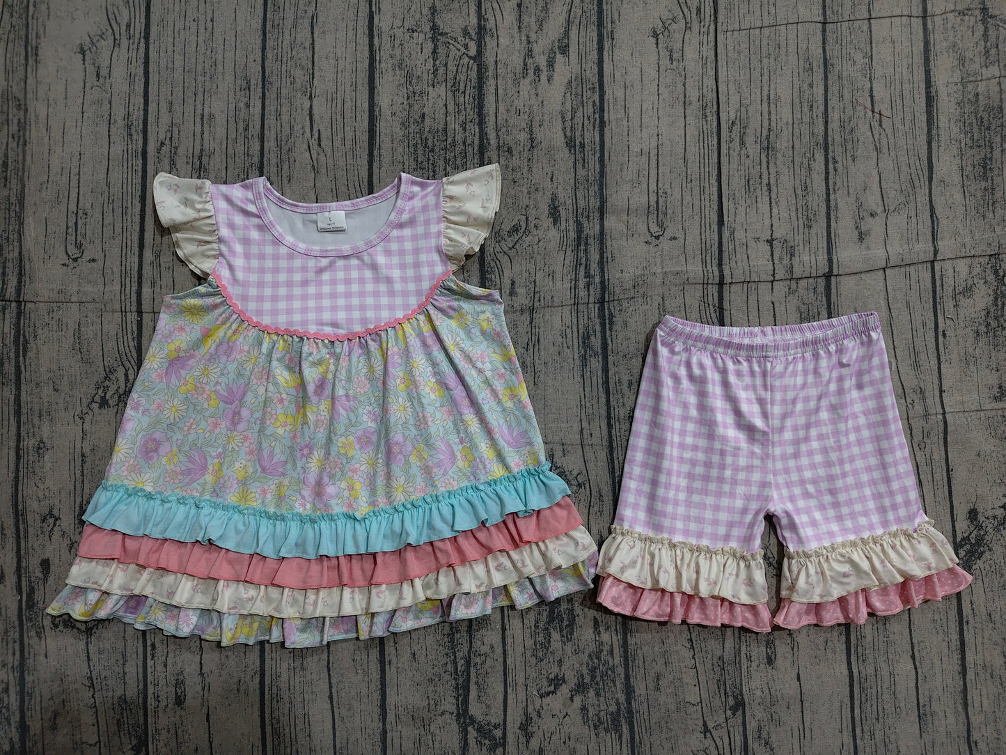 Baby Girls Colorful Flowers Patchwork Tunic Ruffle Short Clothes Sets