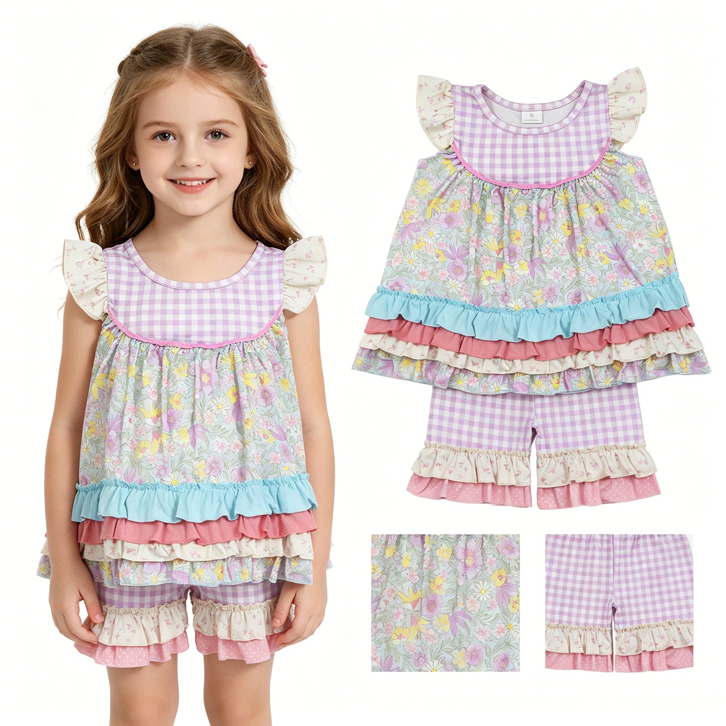 Baby Girls Colorful Flowers Patchwork Tunic Ruffle Short Clothes Sets