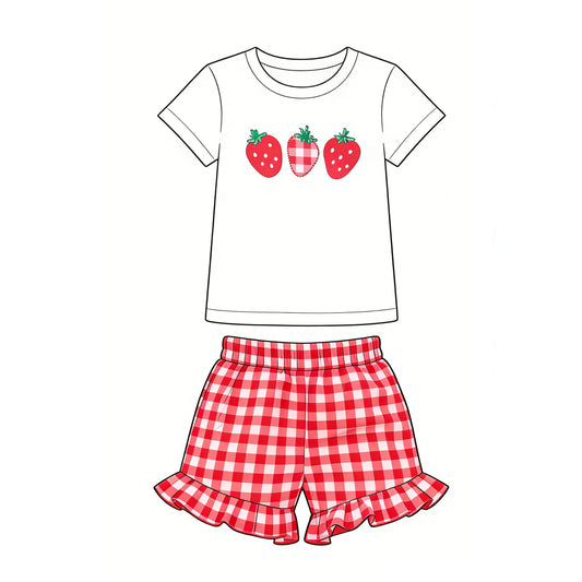 Baby Girls Strawberry Top Checked Ruffle Short Clothes Sets Preorder