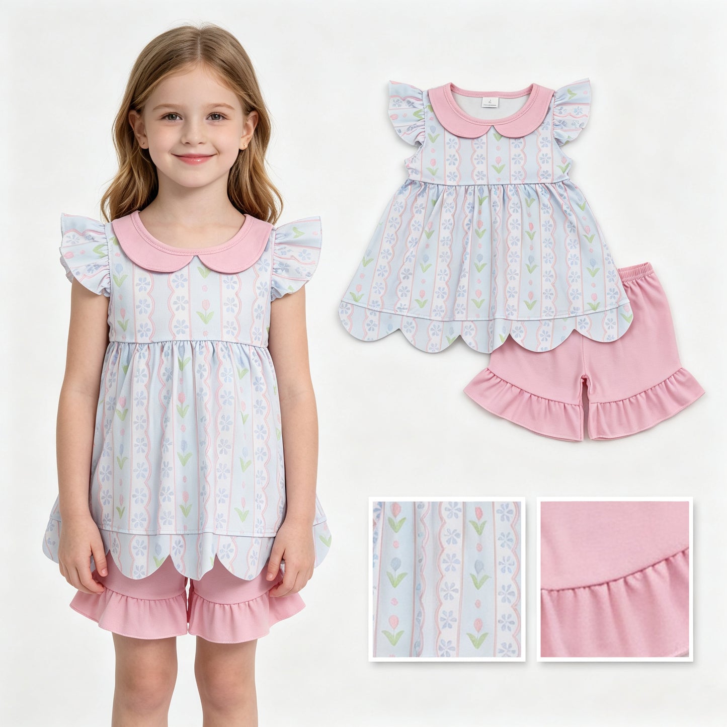 Baby Girls Flowers Stripe Collar Scallop Tunic Ruffle Short Clothes Sets