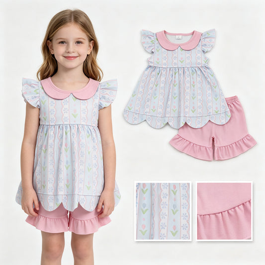 Baby Girls Flowers Stripe Collar Scallop Tunic Ruffle Short Clothes Sets