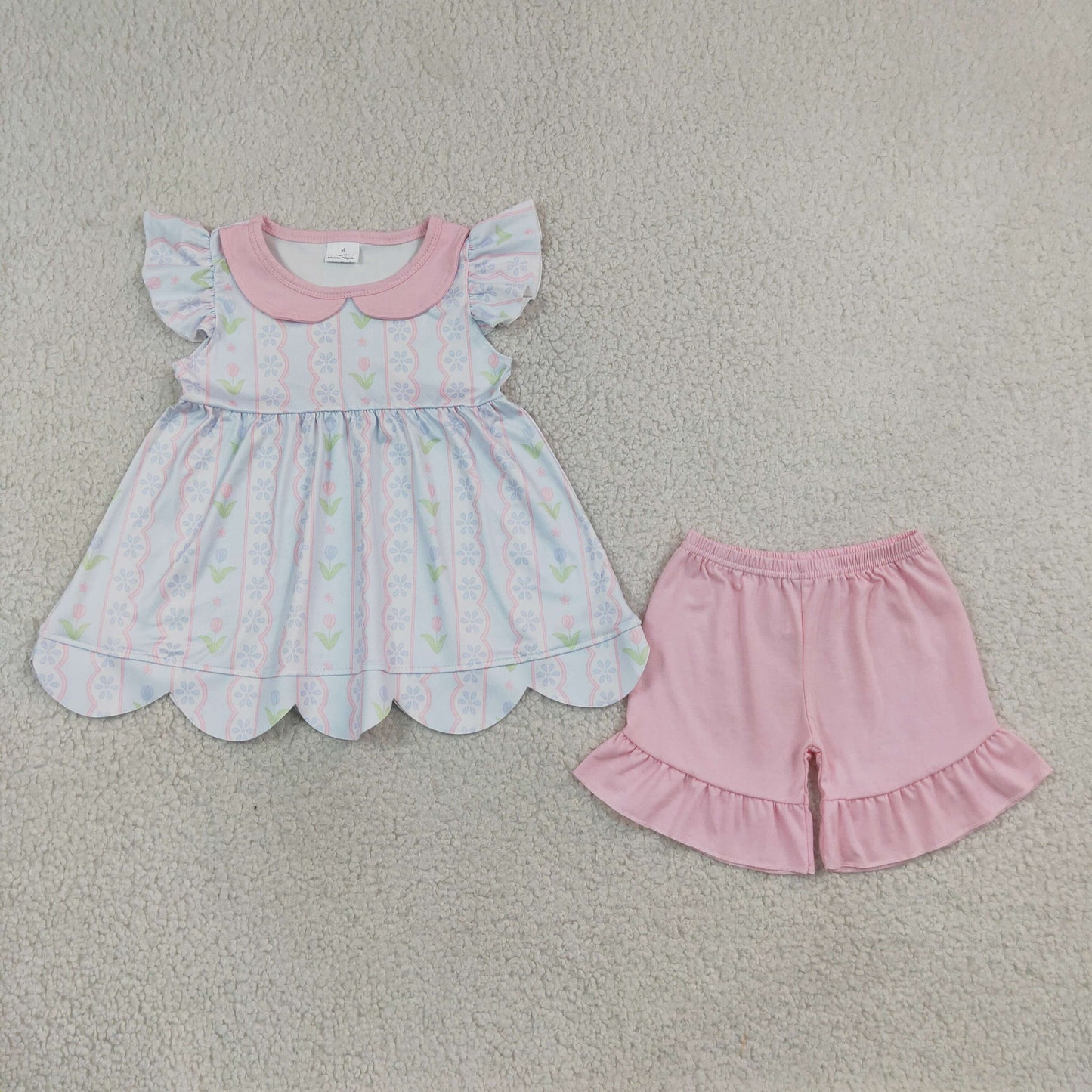 Sibling Baby Girls Flowers Stripe Tunic Ruffle Short Scallop Clothes Set Collar Dress