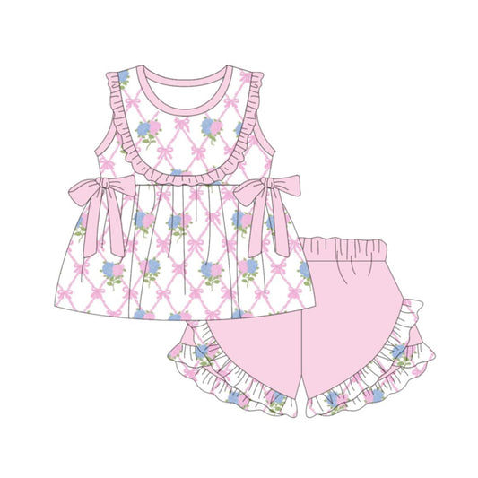 Baby Girls Flowers Bows Checked Tunic Ruffle Short Clothes Sets Preorder