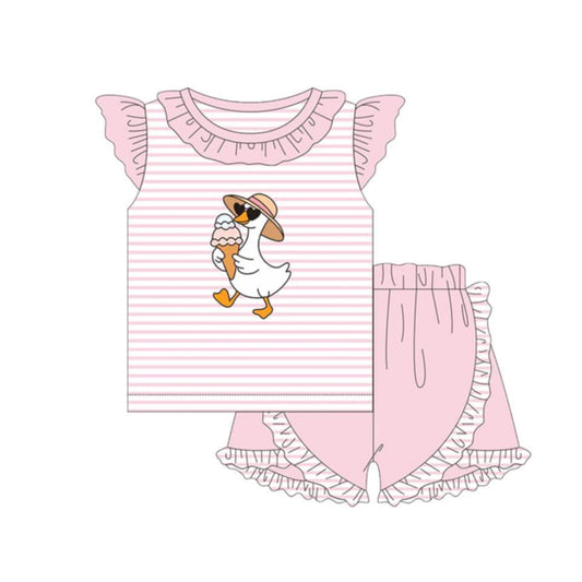 Baby Girls Pink Stripe Ice Cream Goose Top Ruffle Short Clothes Sets Preorder