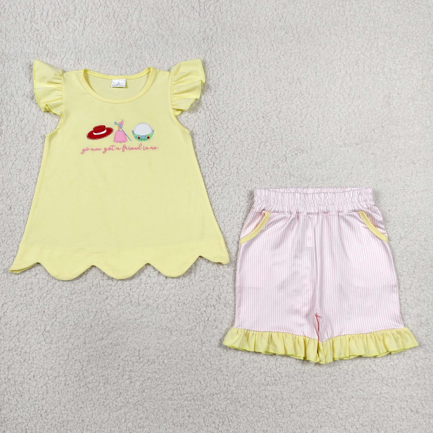 Embroidery Got a Friend Baby Girls Scallop Tunic Stripe Pockets Short Clothes Sets