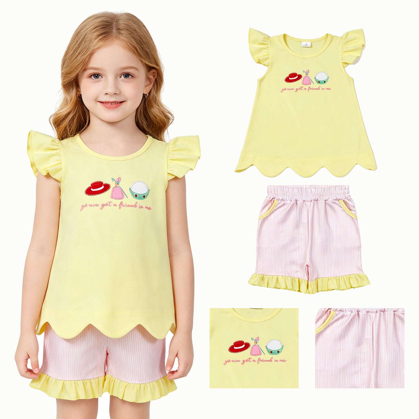 Embroidery Got a Friend Baby Girls Scallop Tunic Stripe Pockets Short Clothes Sets