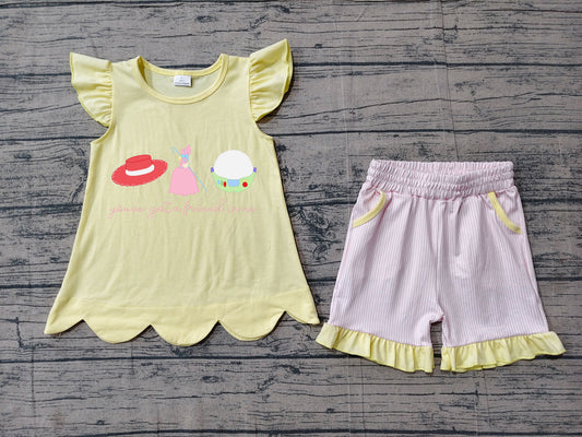 Embroidery Got a Friend Baby Girls Scallop Tunic Stripe Pockets Short Clothes Sets Preorder