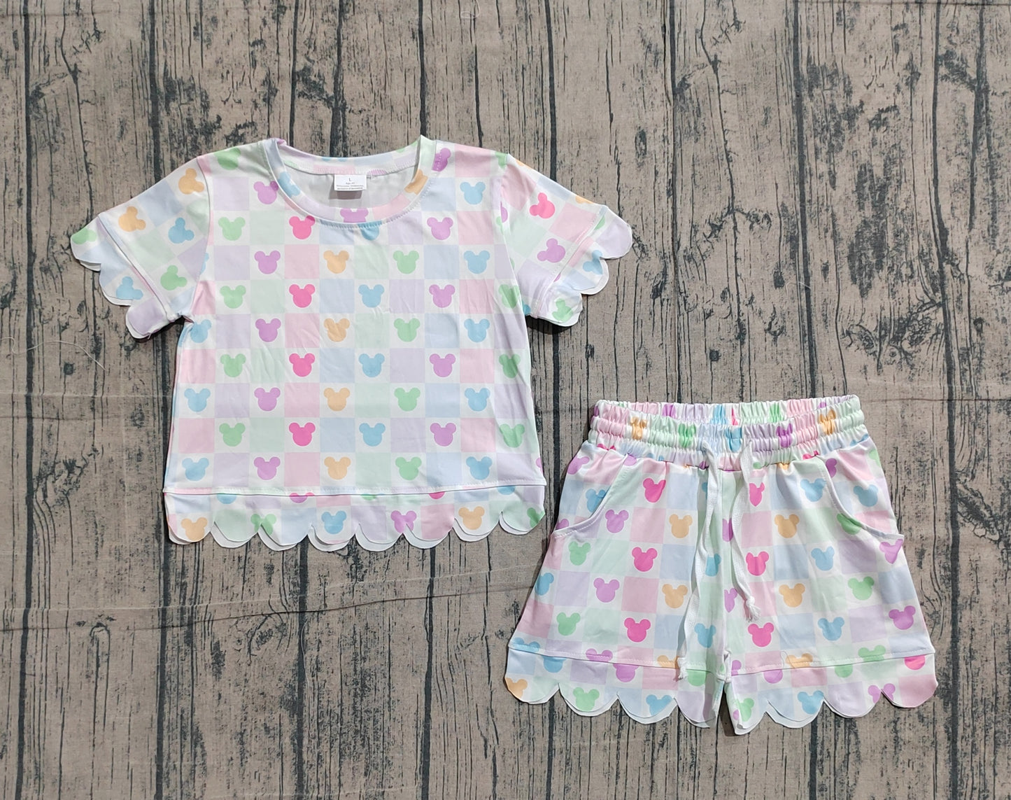 Baby Girls Cartoon Mouses Checked Top Short Scallop Clothes Sets