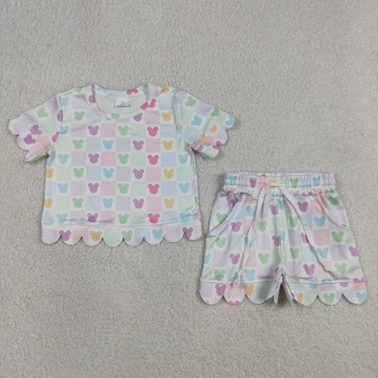 Baby Girls Cartoon Mouses Checked Top Short Scallop Clothes Sets