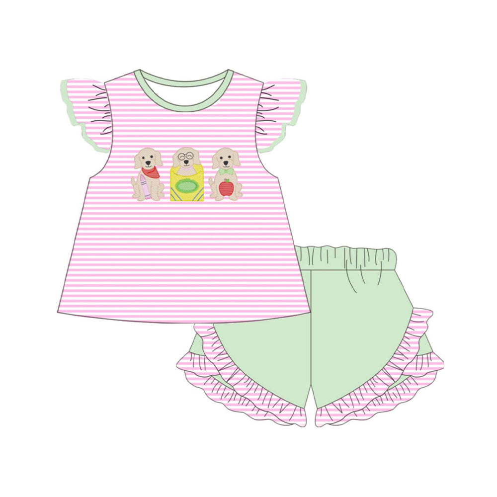Baby Girls Apple Pencil Dogs Stripe Tunic  Ruffle Short Back to School Clothes Sets Preorder