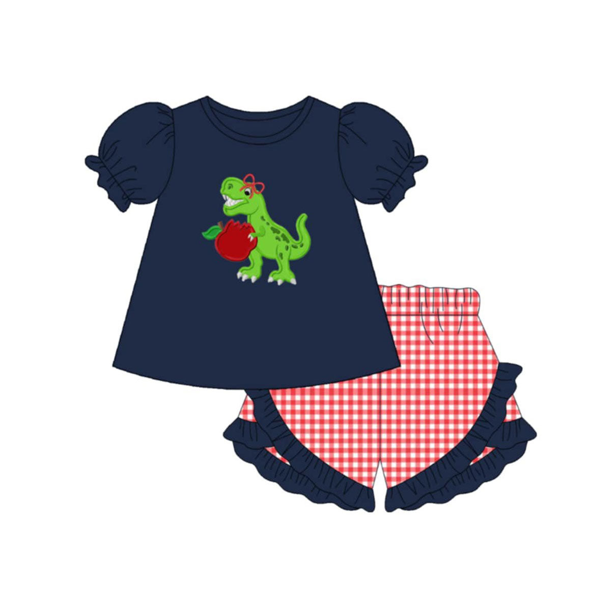 Baby Girls Apple Dinosaurs Tunic Checked Ruffle Short Back to School Clothes Sets Preorder