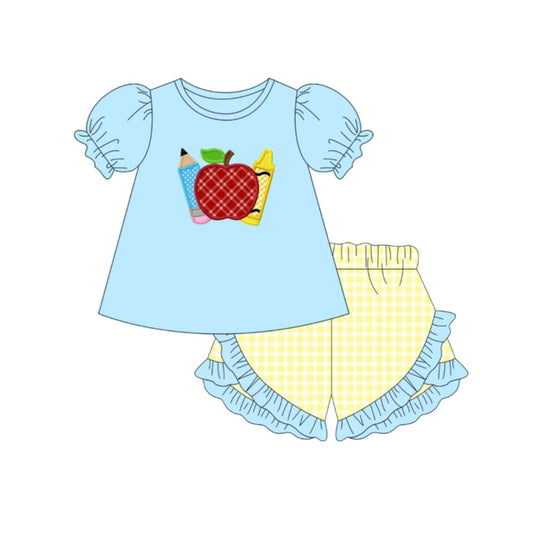 Baby Girls Apple Pencils Tunic Checked Ruffle Short Back to School Clothes Sets Preorder