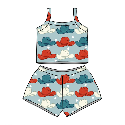 Baby Girls Strap Hats Stars Vests Top Short Western Clothes Sets Preorder