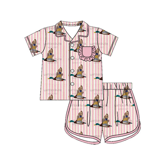 Baby Girls Pink Stripe Ducks Button Pocket Top Short Hunting Pajamas Sets Preorder
