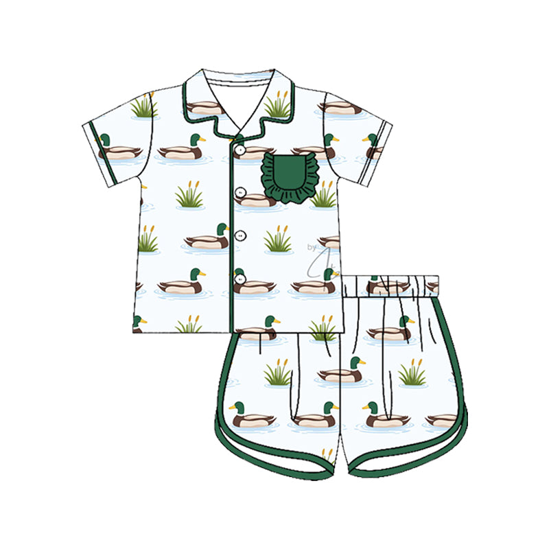 Baby Girls Green Ducks Button Pocket Top Short Hunting Pajamas Sets Preorder