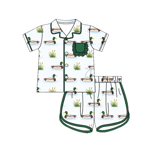 Baby Girls Green Ducks Button Pocket Top Short Hunting Pajamas Sets Preorder