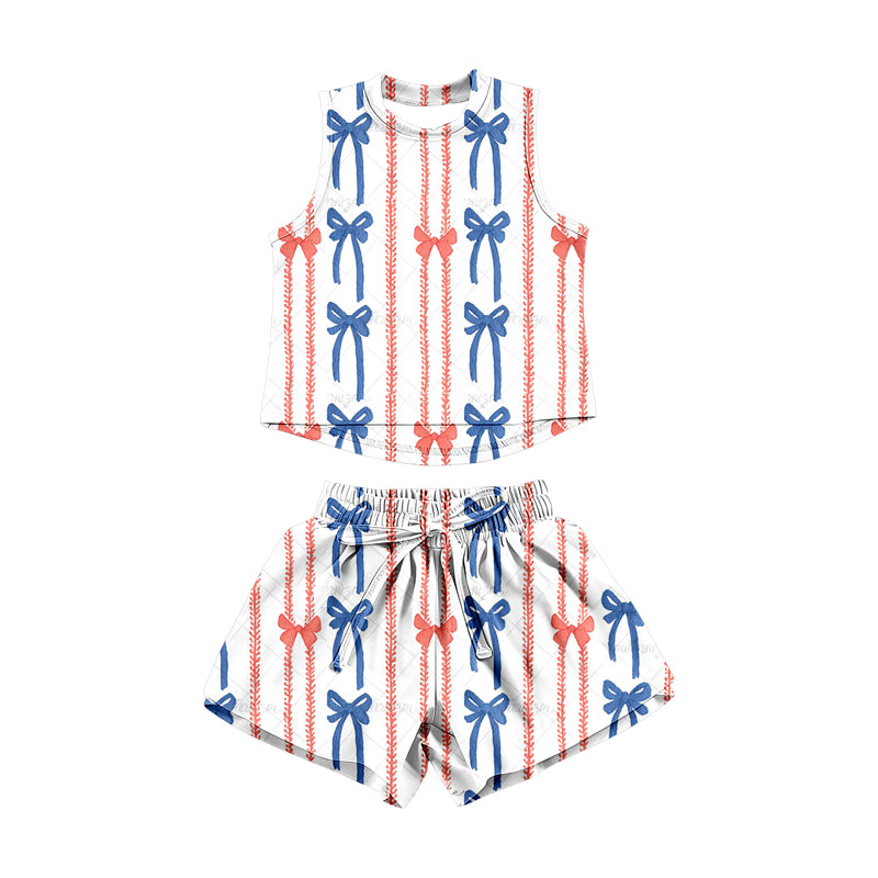 Baby Girls Red Blue Bows Stripe Top Short 4th of July Clothes Sets Preorder