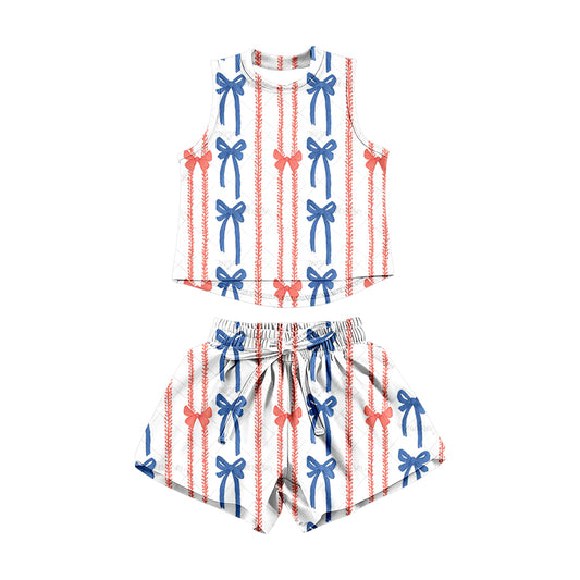 Baby Girls Red Blue Bows Stripe Top Short 4th of July Clothes Sets Preorder