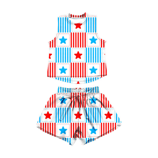Baby Girls Red Blue Flags Stars Checked Top Short 4th of July Clothes Sets Preorder