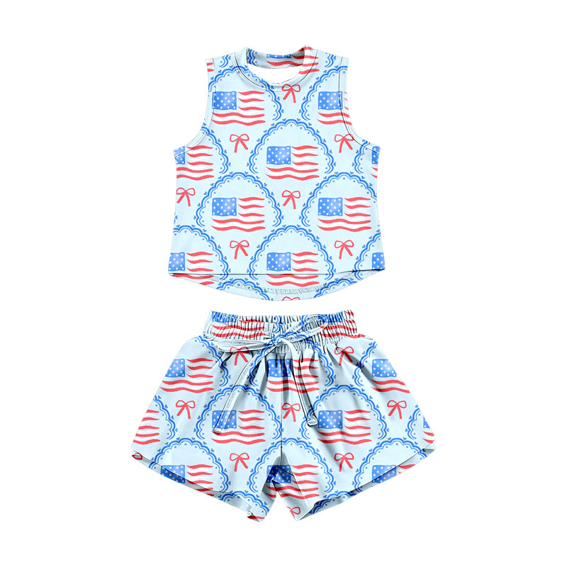 Baby Girls Red Blue Flags Bows Checked Top Short 4th of July Clothes Sets Preorder