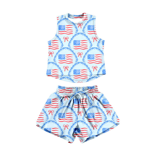 Baby Girls Red Blue Flags Bows Checked Top Short 4th of July Clothes Sets Preorder