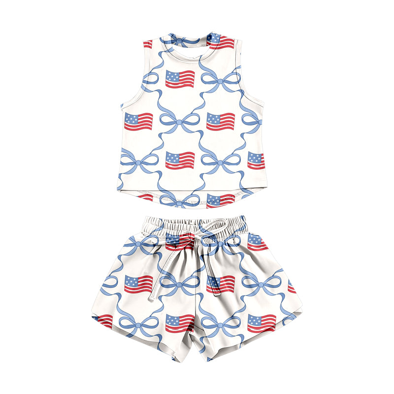 Baby Girls Red Blue Bows Flags Checked Top Short 4th of July Clothes Sets Preorder