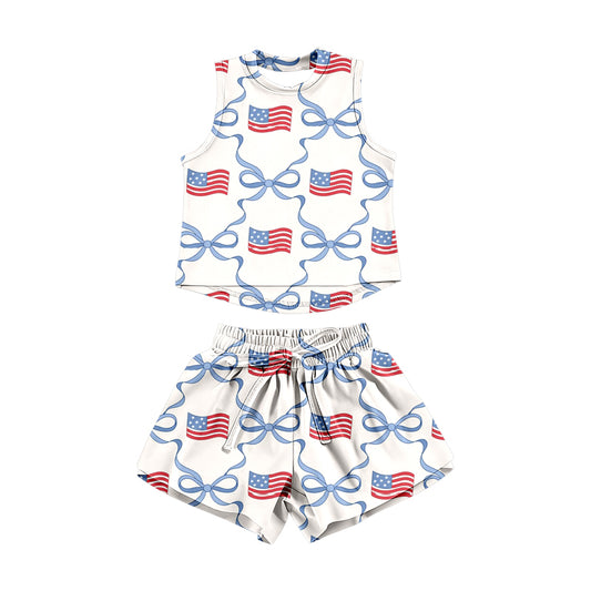Baby Girls Red Blue Bows Flags Checked Top Short 4th of July Clothes Sets Preorder