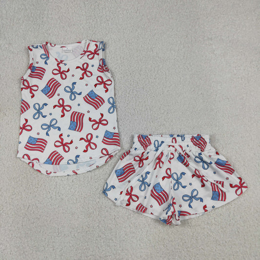 Baby Girls Red Blue Flags Bows Stars Top Short 4th of July Clothes Sets