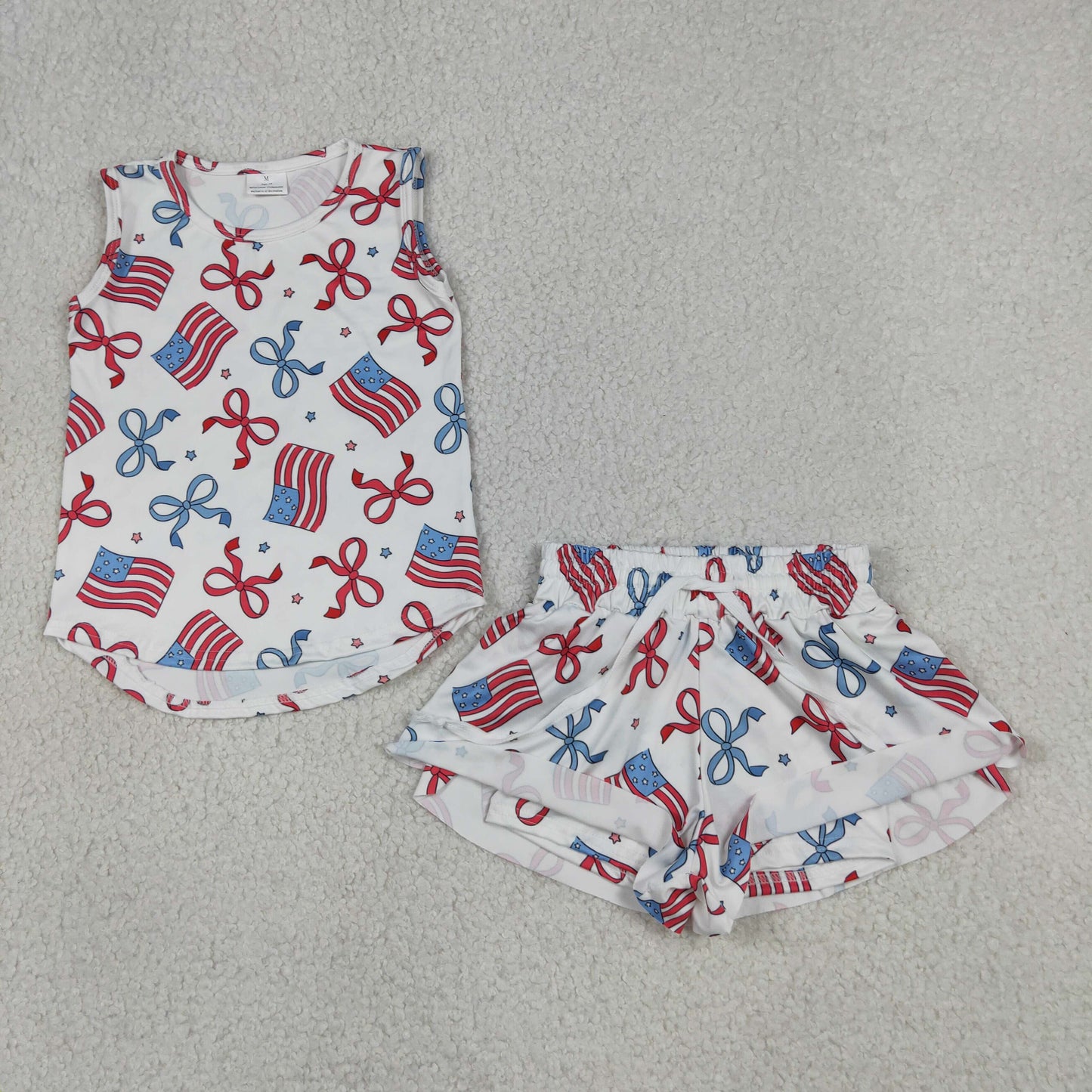 Baby Girls Red Blue Flags Bows Stars Top Short 4th of July Clothes Sets