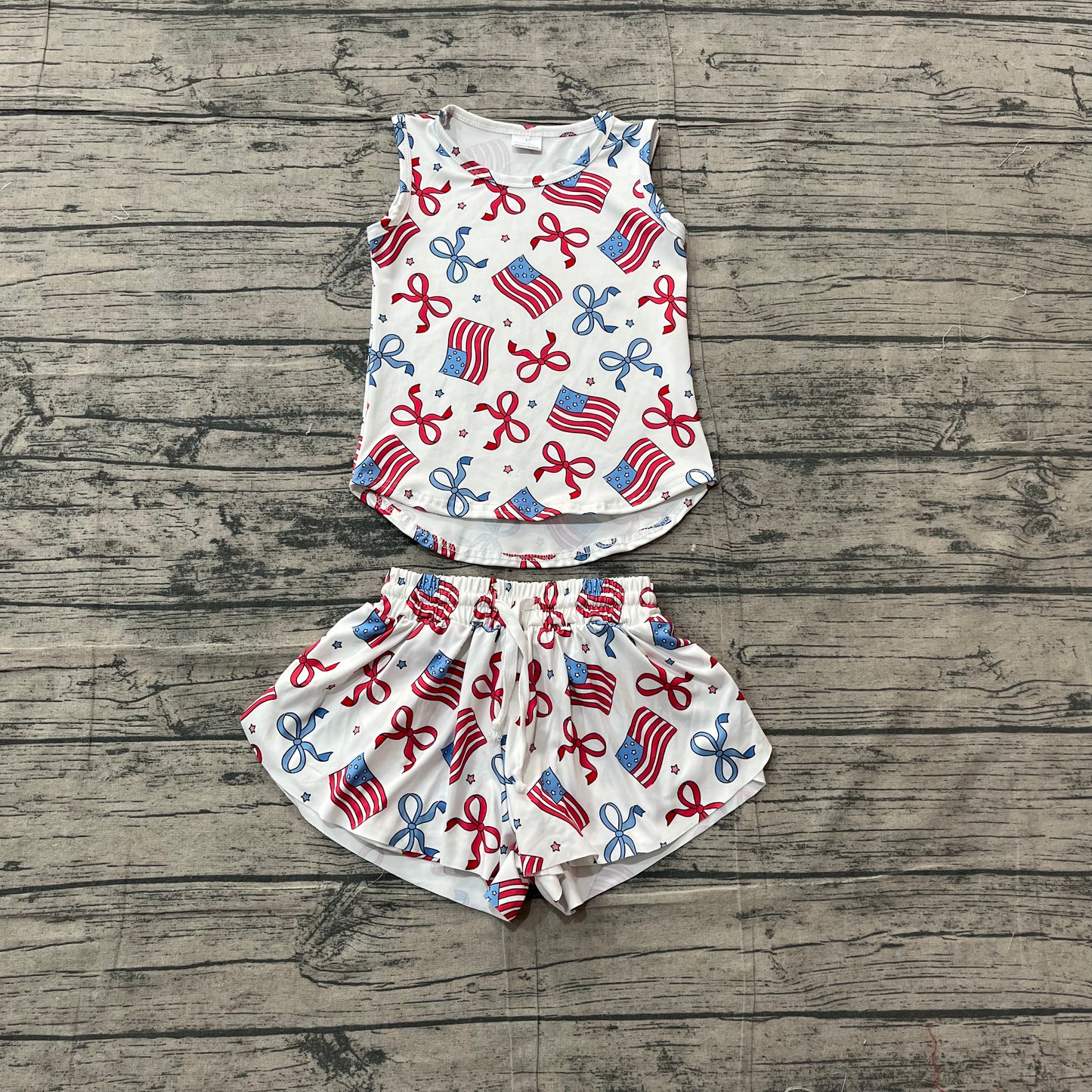 Baby Girls Red Blue Flags Bows Stars Top Short 4th of July Clothes Sets