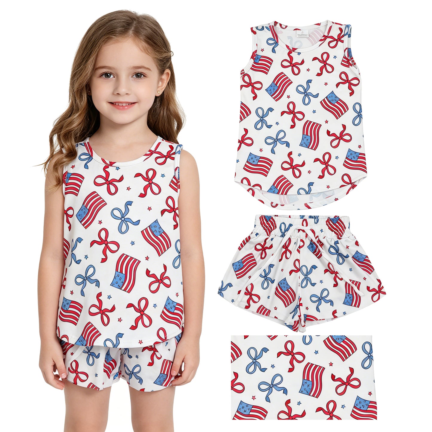 Baby Girls Red Blue Flags Bows Stars Top Short 4th of July Clothes Sets