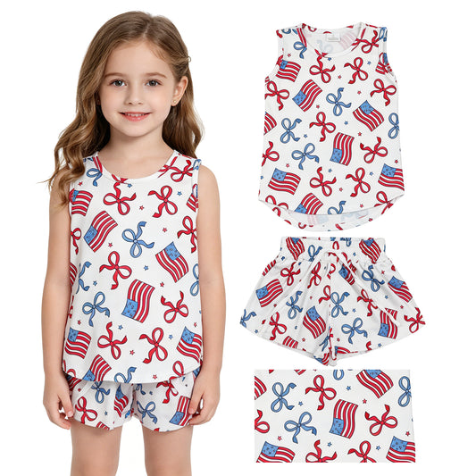Baby Girls Red Blue Flags Bows Stars Top Short 4th of July Clothes Sets