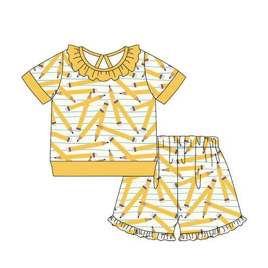 Baby Girls Yellow Pencils Stripe Top Ruffle Short Back to School Clothes Sets Preorder