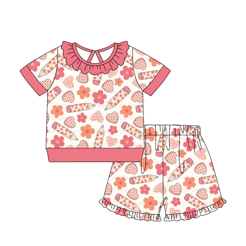 Baby Girls Pencil Flower Hearts Top Ruffle Short Back to School Clothes Sets Preorder