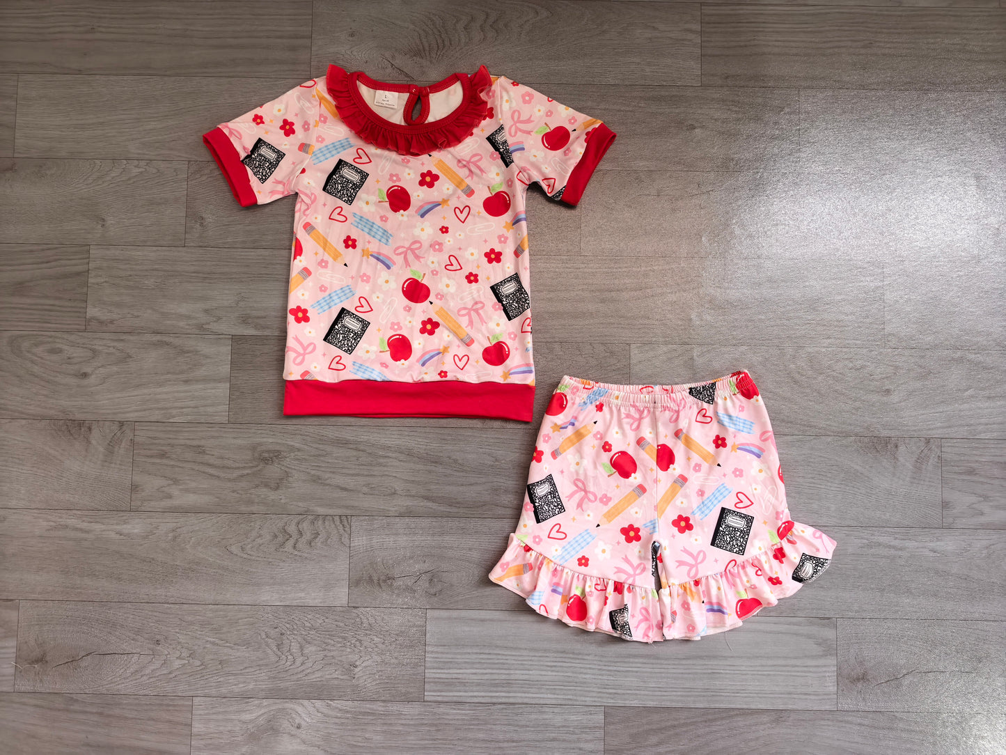 Baby Girls Pencil Flower Apples Top Ruffle Short Back to School Clothes Sets Preorder