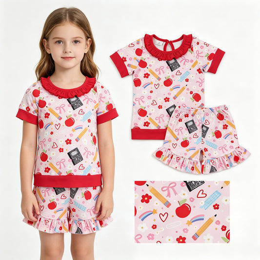 Baby Girls Pencil Flower Apples Top Ruffle Short Back to School Clothes Sets