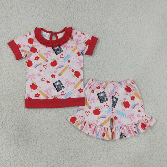 Baby Girls Pencil Flower Apples Top Ruffle Short Back to School Clothes Sets