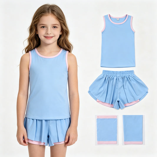 Baby Girls Blue Sleeveless Vests Top Butterfly Short Yoga Active Clothes Set