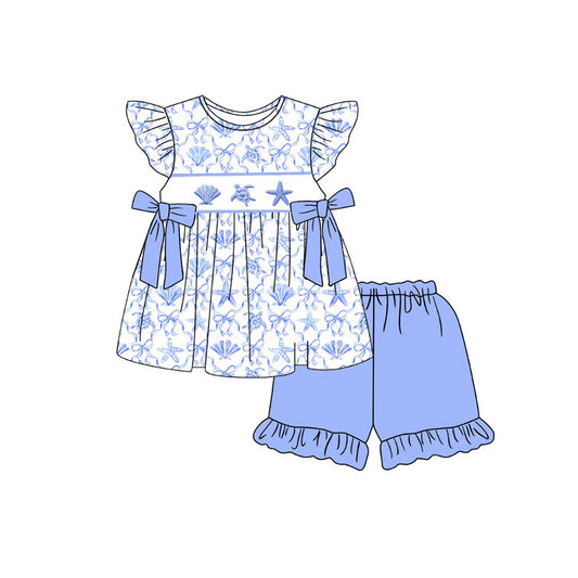 Baby Girls Flutter Sleeve Shell Starfishes Tunic Ruffle Short Clothes Sets Preorder