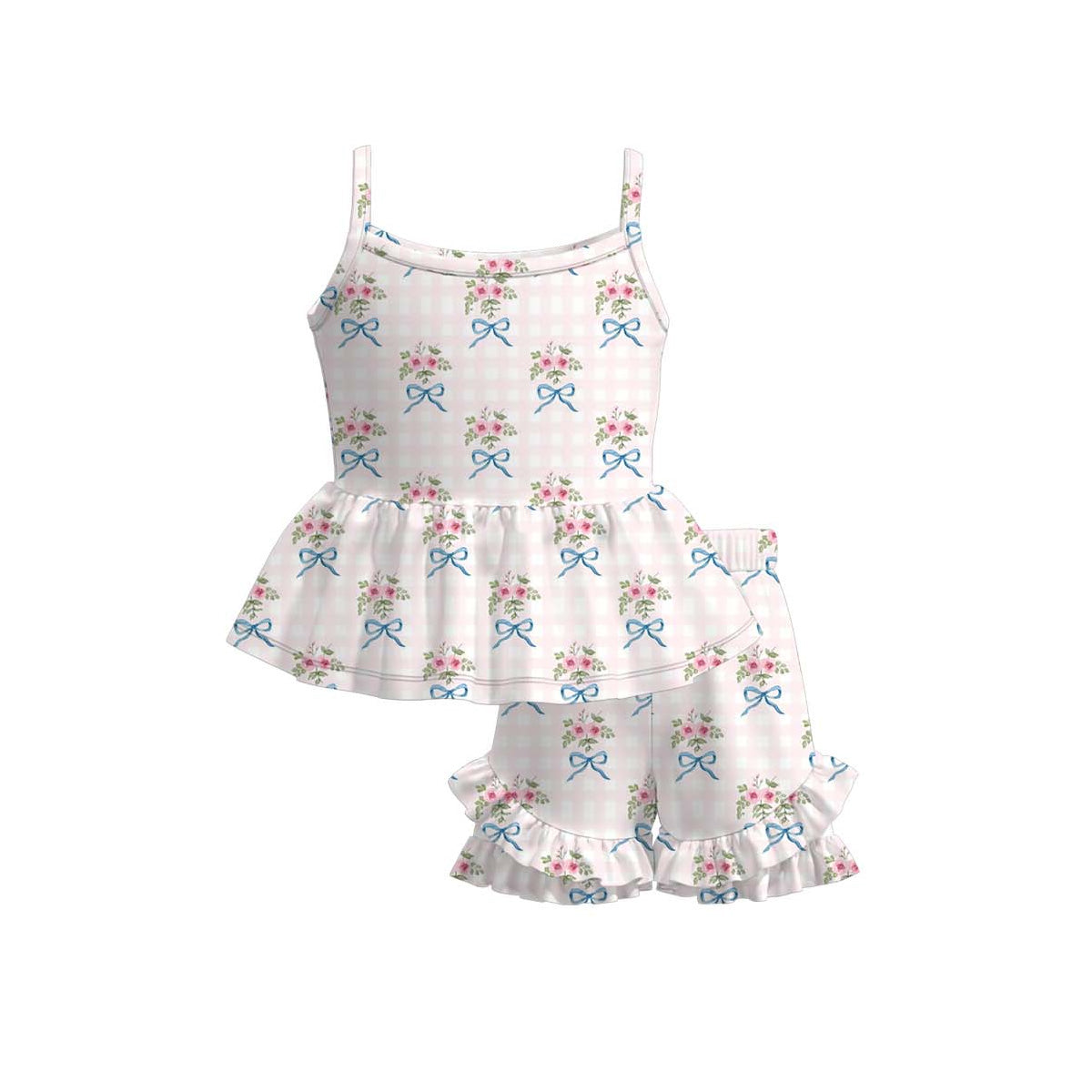 Baby Girls Strap Pink Checked Flowers Bows Tunic Ruffle Short Clothes Sets Preorder