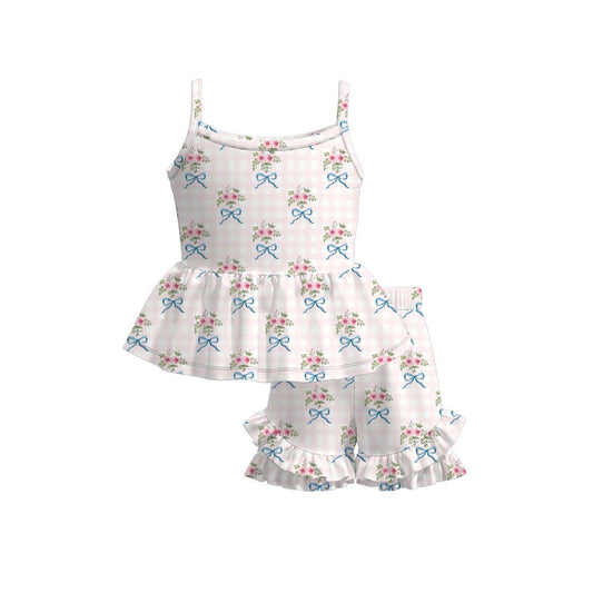 Baby Girls Strap Pink Checked Flowers Bows Tunic Ruffle Short Clothes Sets Preorder