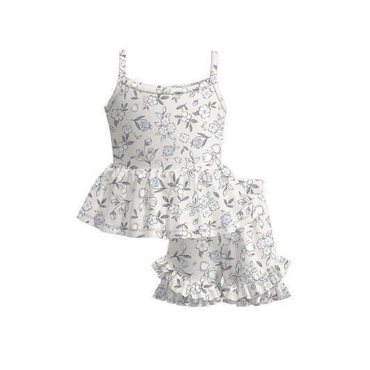 Baby Girls Strap Colorful Flowers Tunic Ruffle Short Clothes Sets Preorder