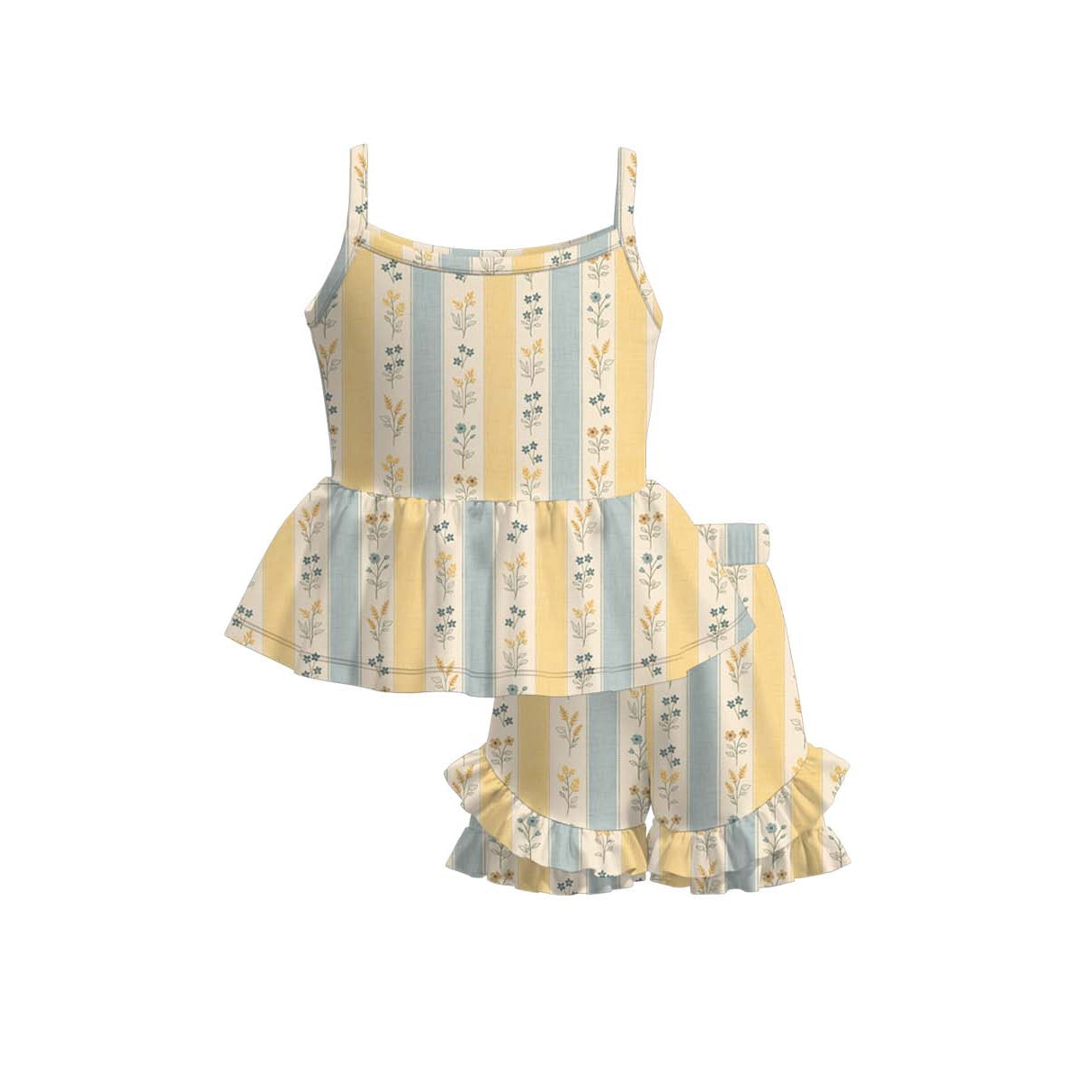 Baby Girls Strap Colorful Flowers Stripe Tunic Ruffle Short Clothes Sets Preorder