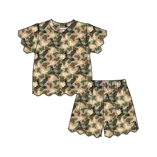 Baby Girls Southern Green Camo Ducks Top Scallop Short Hunting Clothes Sets Preorder